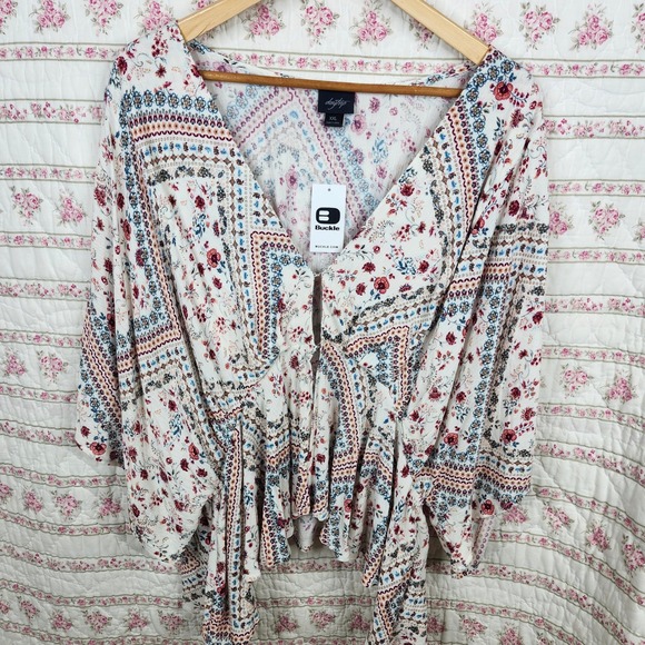 Daytrip XXL Floral Peasant Top Boho Blouse Tie Front Bohemian Women's Plus Size - Picture 1 of 9